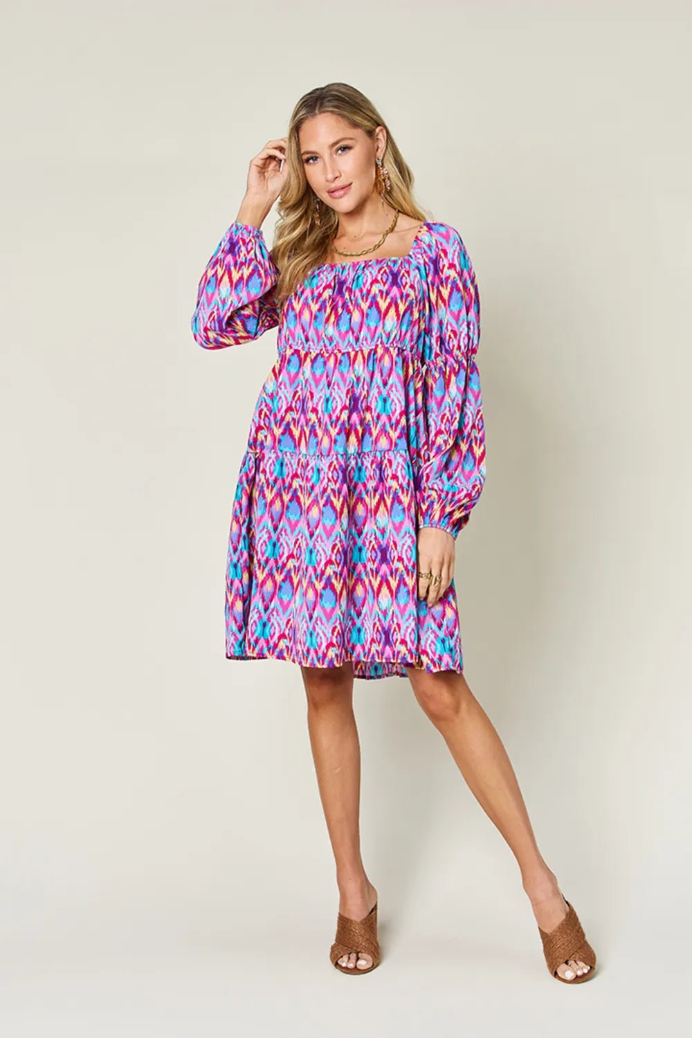 Double Take Full Size Printed Long Sleeve Dress - adritiX