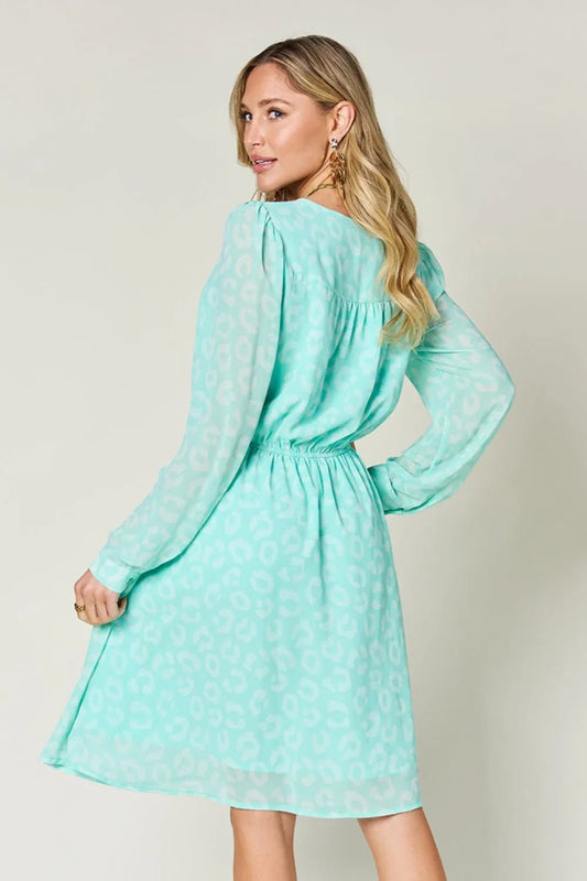 Double Take Full Size Printed Ruched V - Neck Long Sleeve Dress - adritiX
