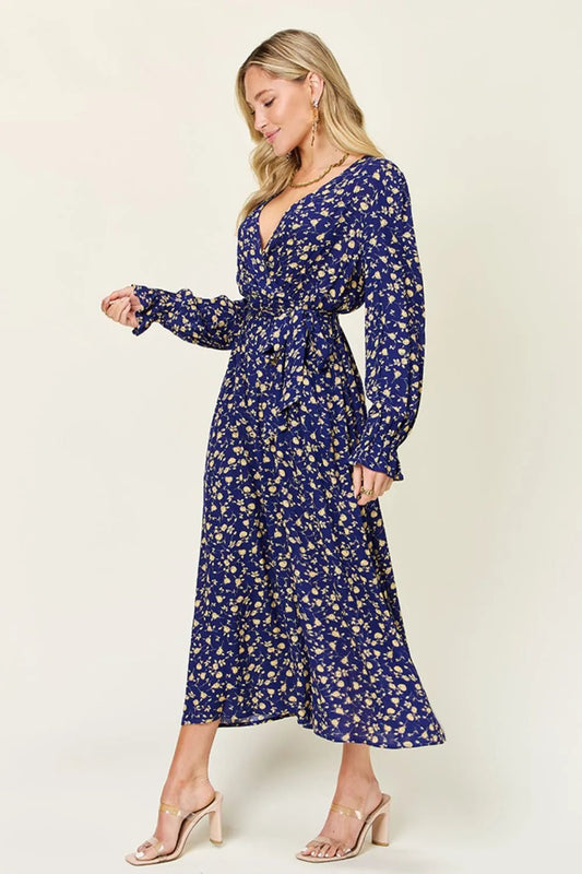 Double Take Full Size Tie Back Flounce Sleeve Dress - adritiX