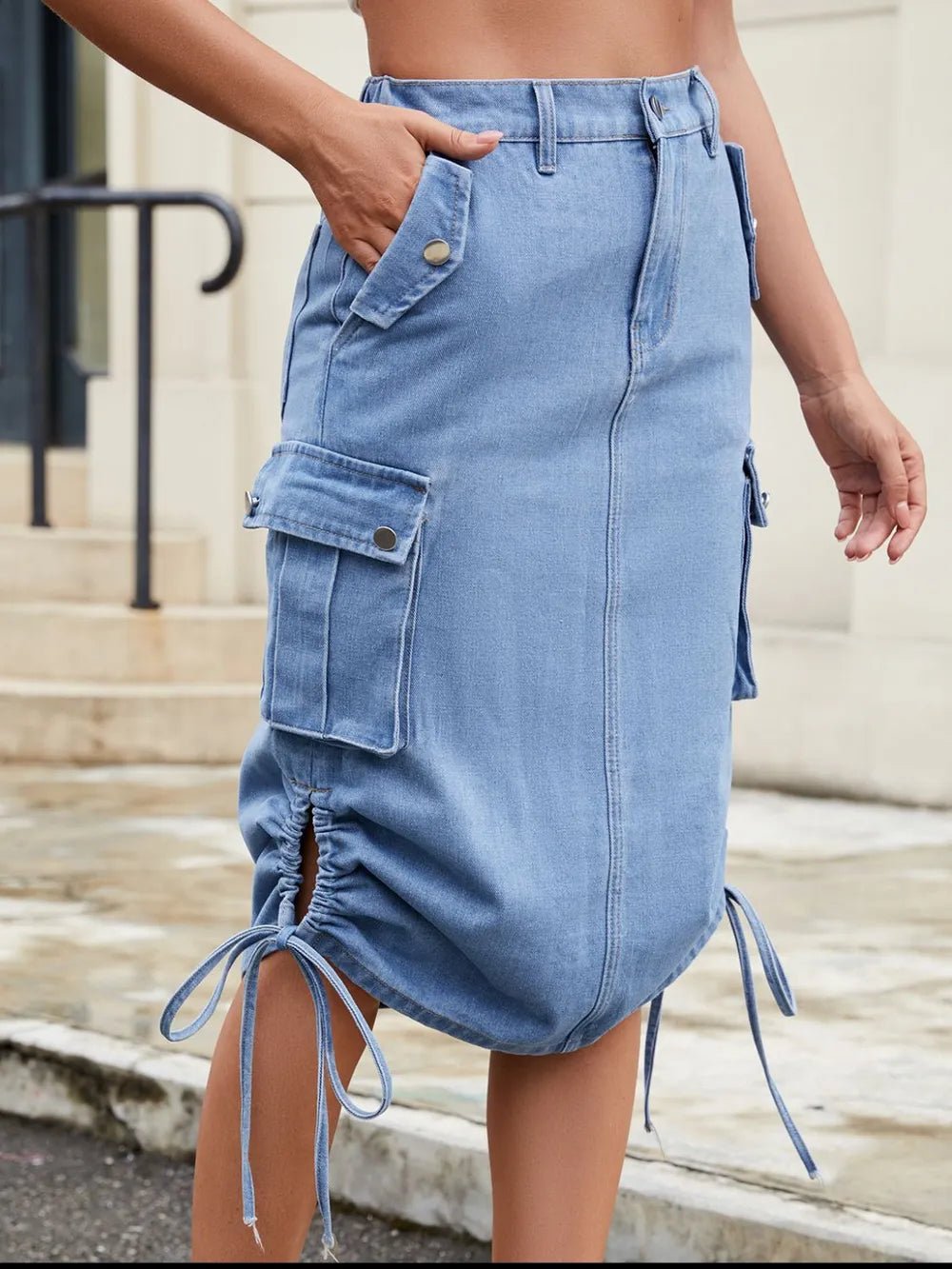 Drawstring Denim Skirt with Cargo Pockets - adritiX