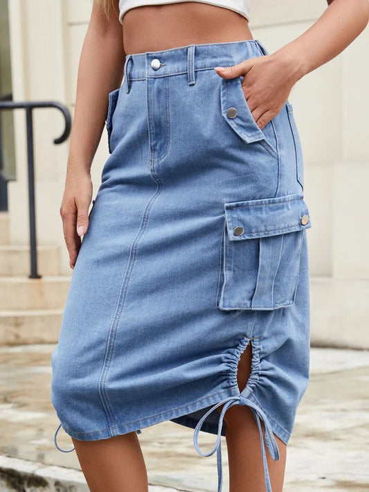 Drawstring Denim Skirt with Cargo Pockets - adritiX