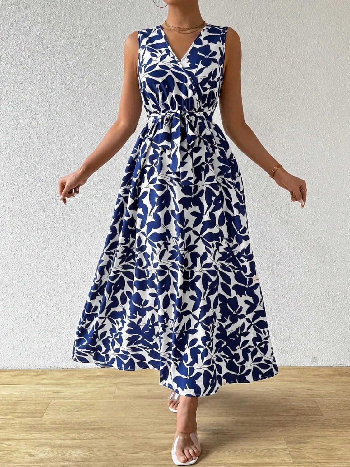 Printed Surplice Sleeveless Maxi Dress - adritiX