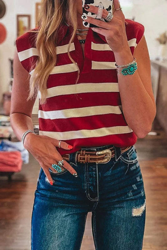 Collared Neck Striped Sweater Vest - adritiX