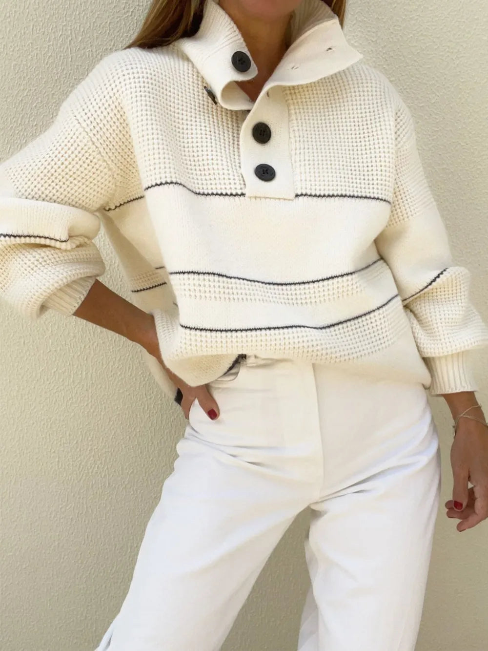 Elegant Waffle-Knit Half Button Long Sleeve Sweater - adritiX