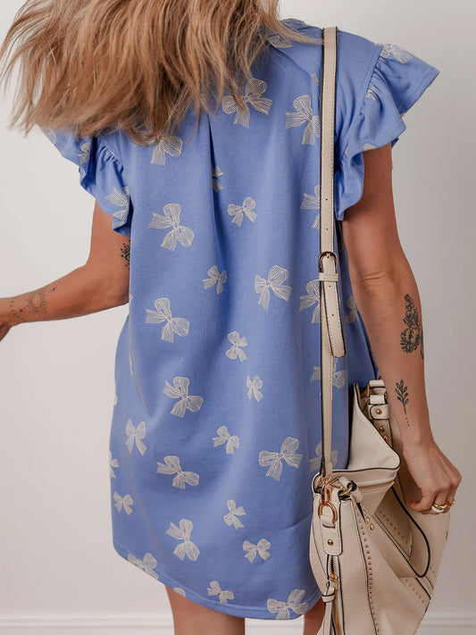 Bow Knot Print Crewneck Ruffled Sleeve Shift Mini Dress - adritiX