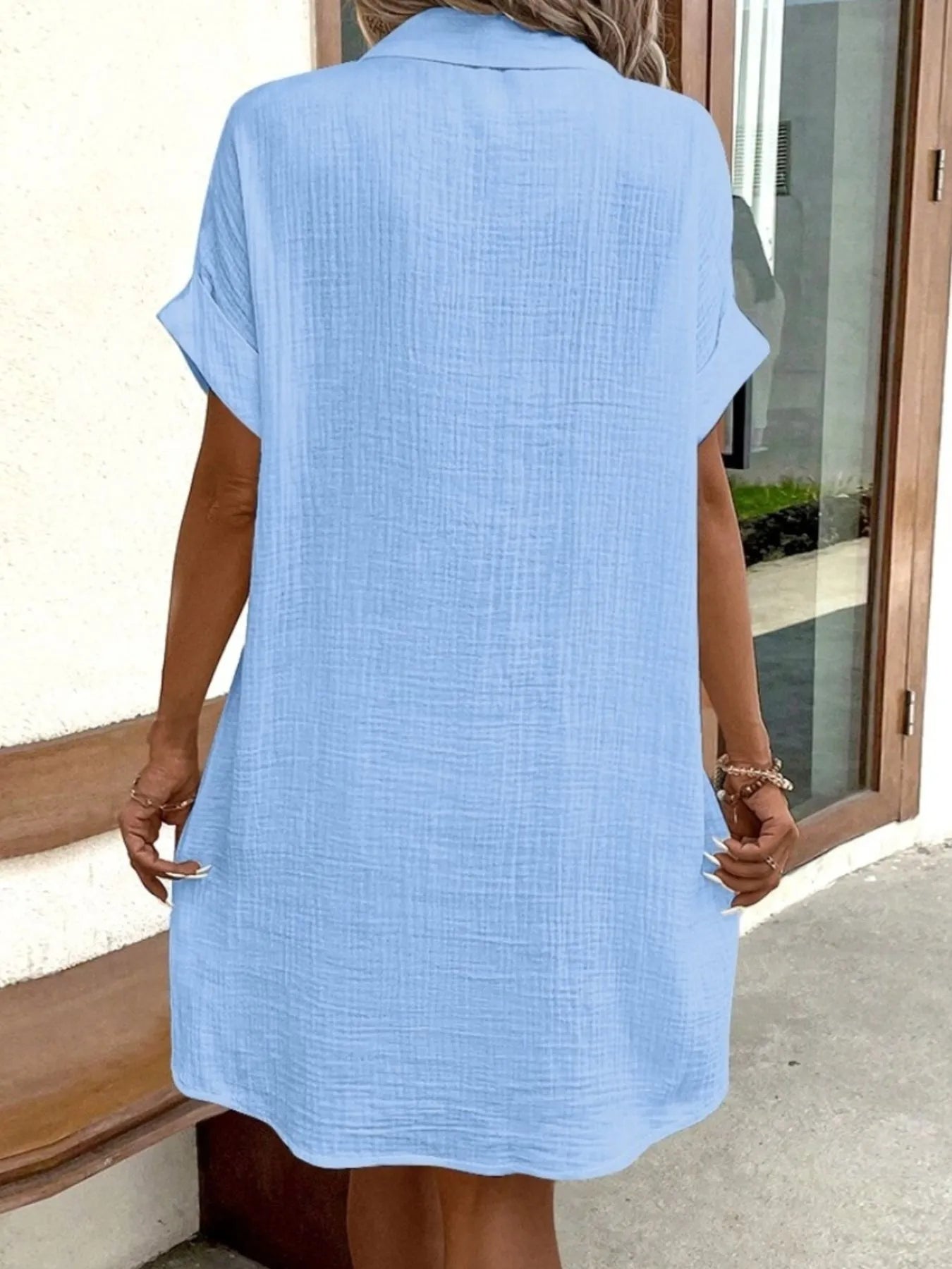 Casual Button Down Cotton Shirt Dress with Pockets - adritiX