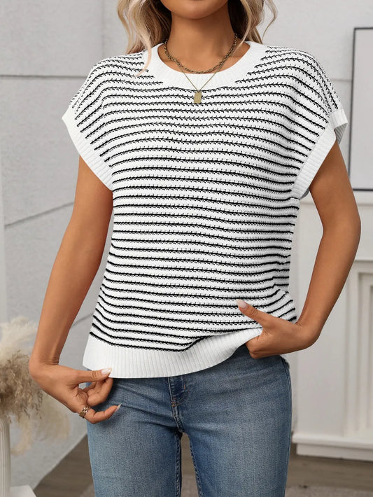 Striped Round Neck Short Sleeve Knit Top - adritiX