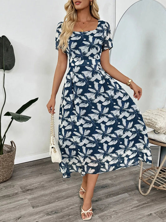 Printed Square Neck Midi Dress - adritiX