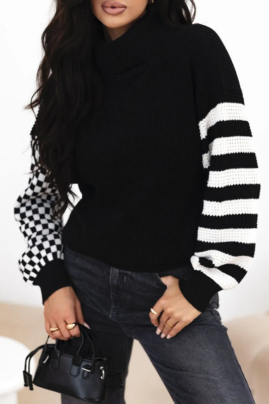Striped & Checkered Turtleneck Dropped Shoulder Sweater - adritiX