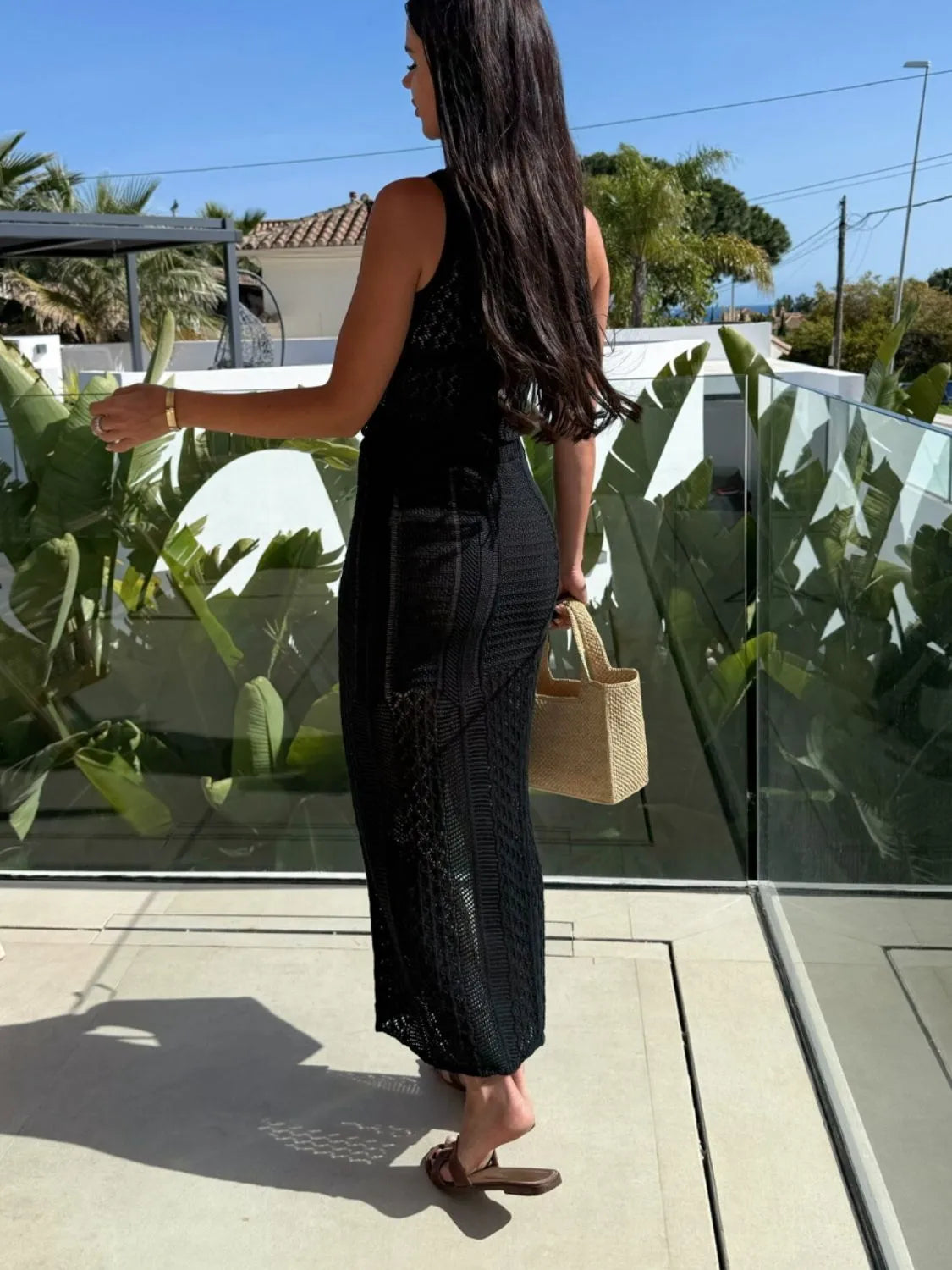Elegant Openwork Round Neck Top and Slit Skirt Sweater Set - adritiX