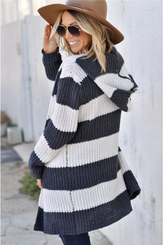Contrast Stripes Open Front Long Sleeve Cardigan - adritiX