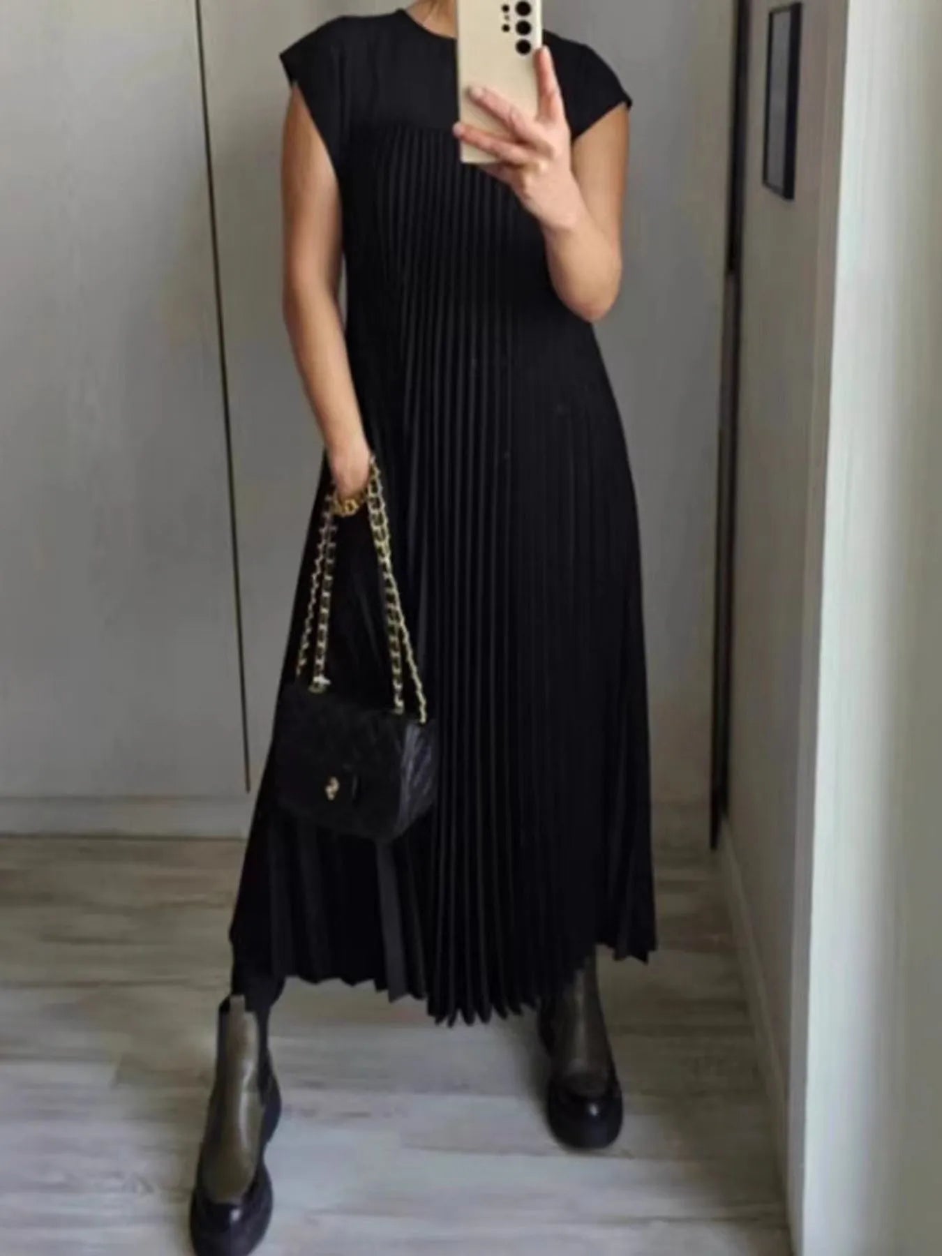 Elegant Full Size Pleated Round Neck Maxi Dress Plus Size - adritiX