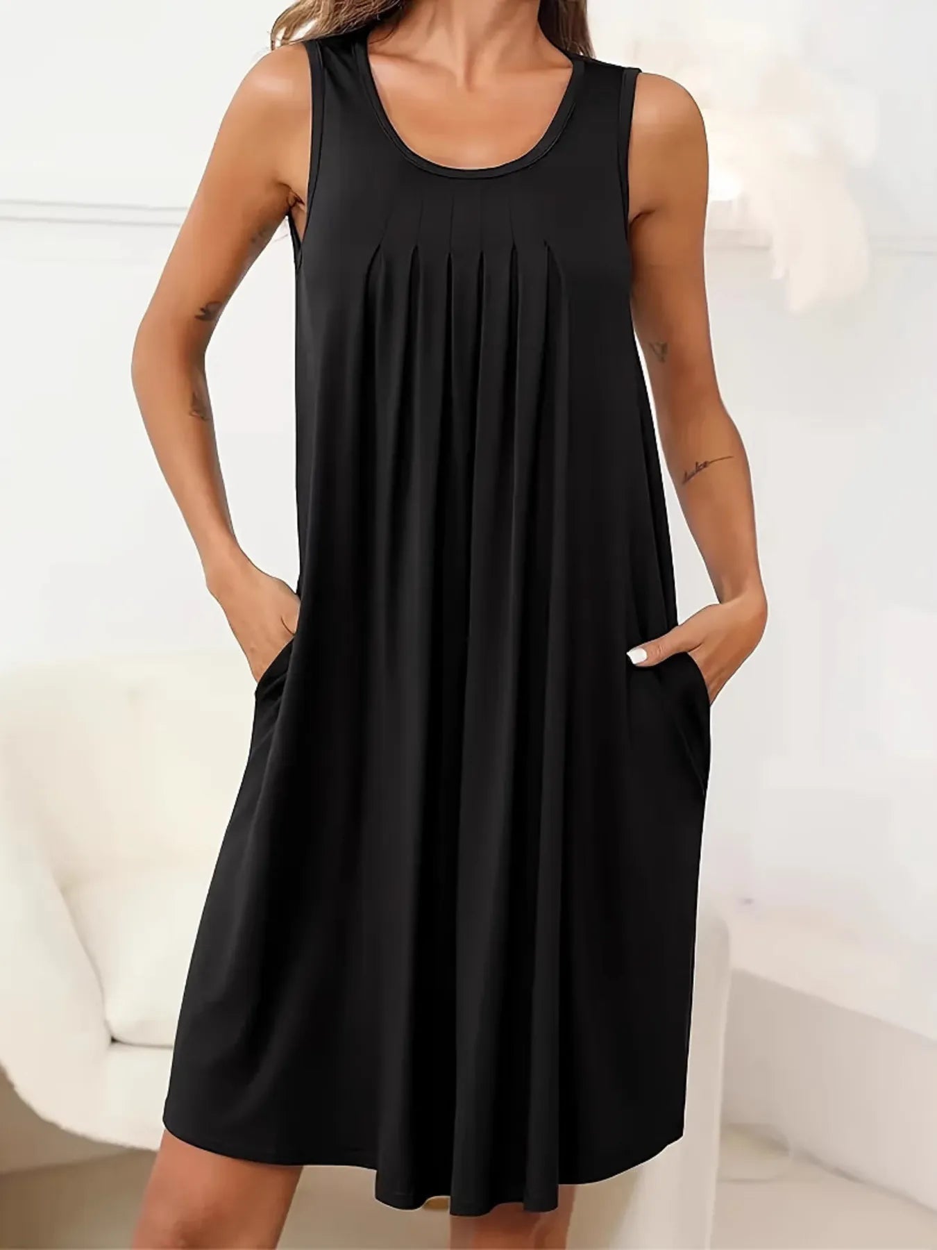 Flowy Pleated Tank Dress with Pockets - adritiX