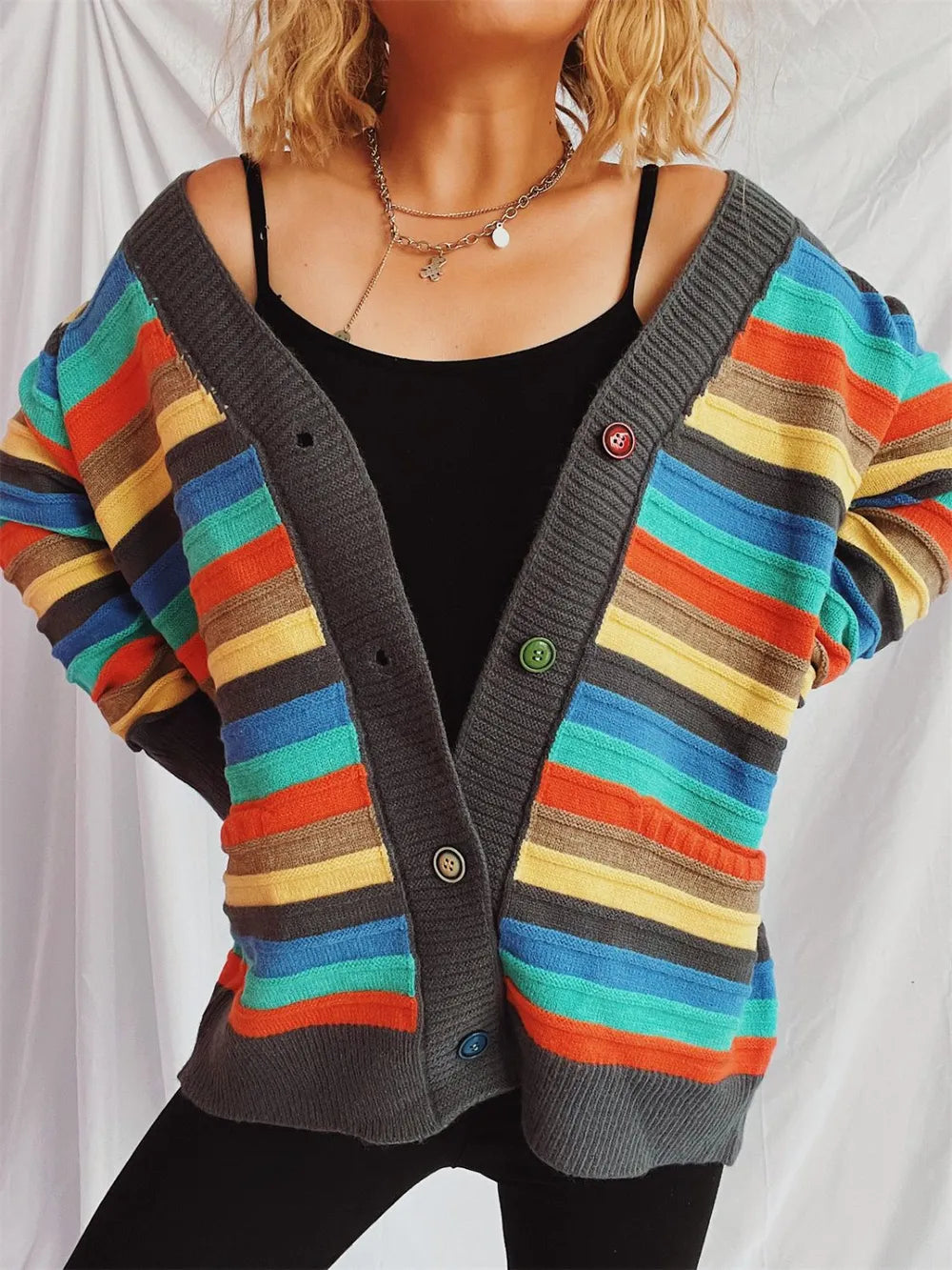 Contrast Stripes Button Up Long Sleeve Cardigan - adritiX
