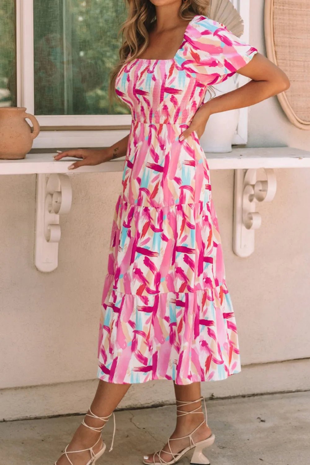 Geometric Print Puff Sleeve Square Neck Midi Dress - adritiX