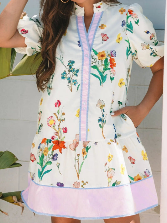 Floral Print Notched Short Sleeve Dress - adritiX