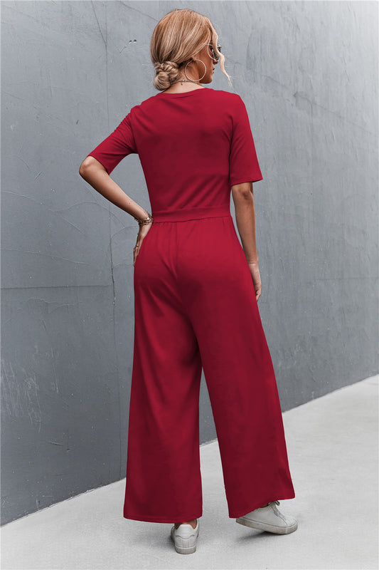 Elegant Scoop Neck Half Sleeve Wide Leg Jumpsuit - adritiX