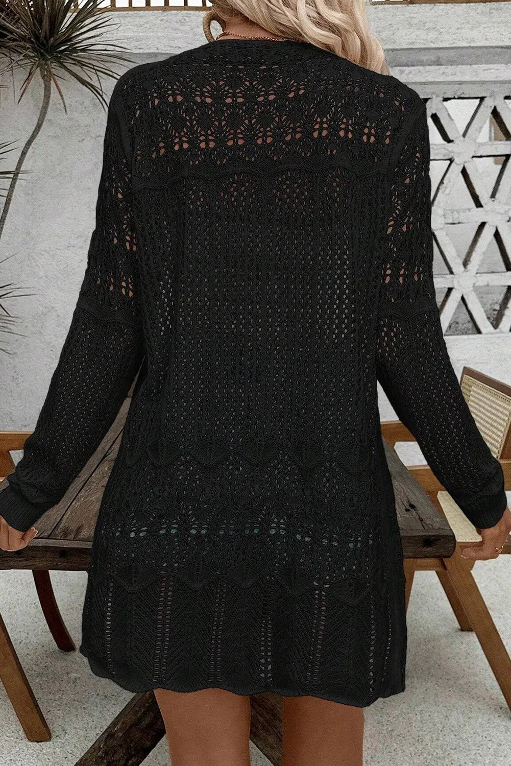 Openwork Open Front Long Sleeve Cardigan - adritiX