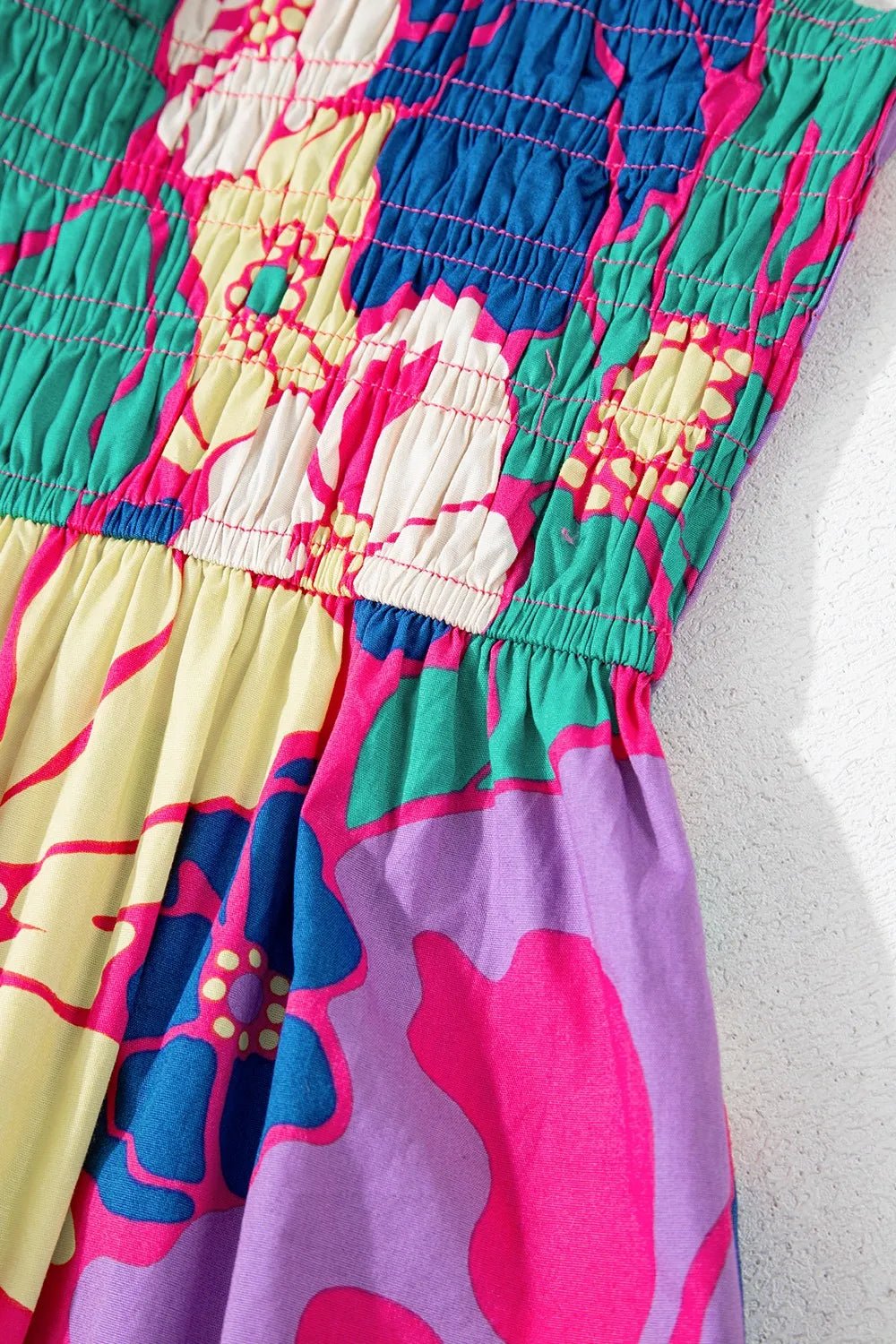 Floral Print Shirred Spaghetti Strap Loose Maxi Dress - adritiX