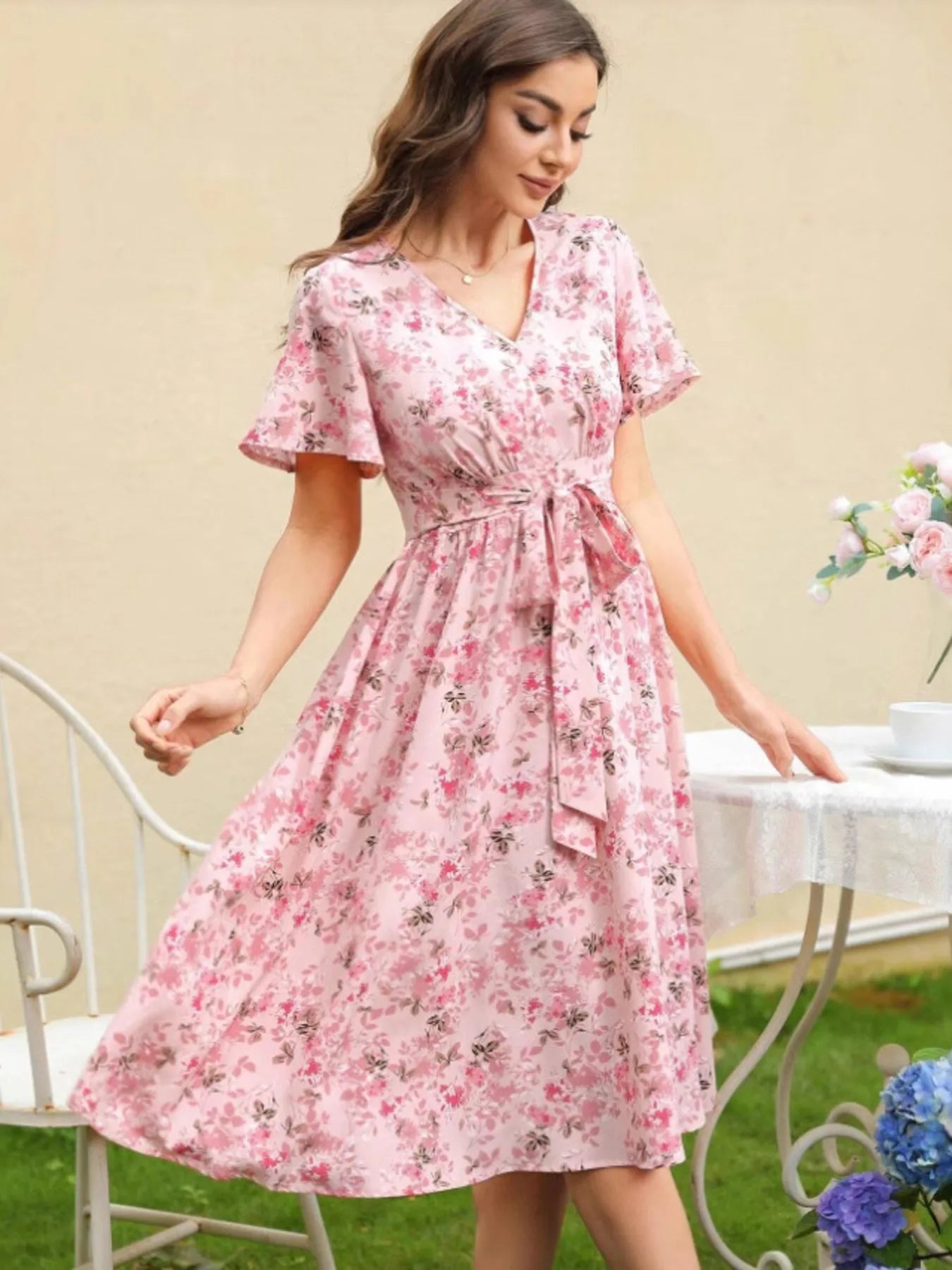 Floral Print V-Neck Belted Midi Dress - adritiX
