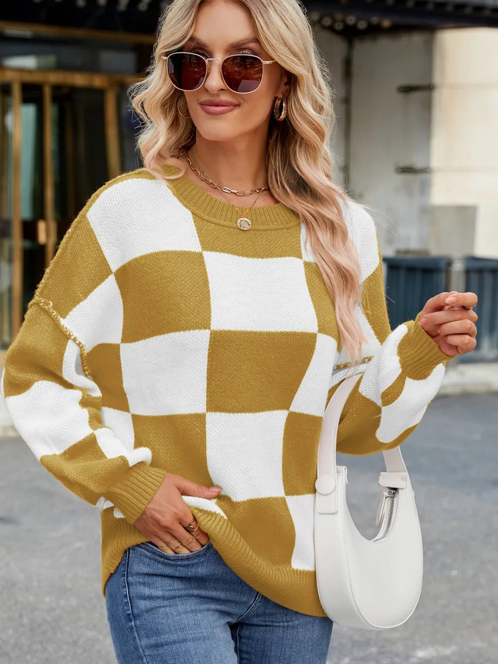 Checkered Round Neck Long Sleeve Sweater - adritiX