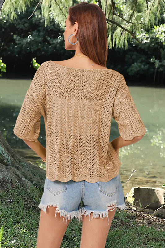 Openwork Round Neck Half Sleeve Knit Top - adritiX