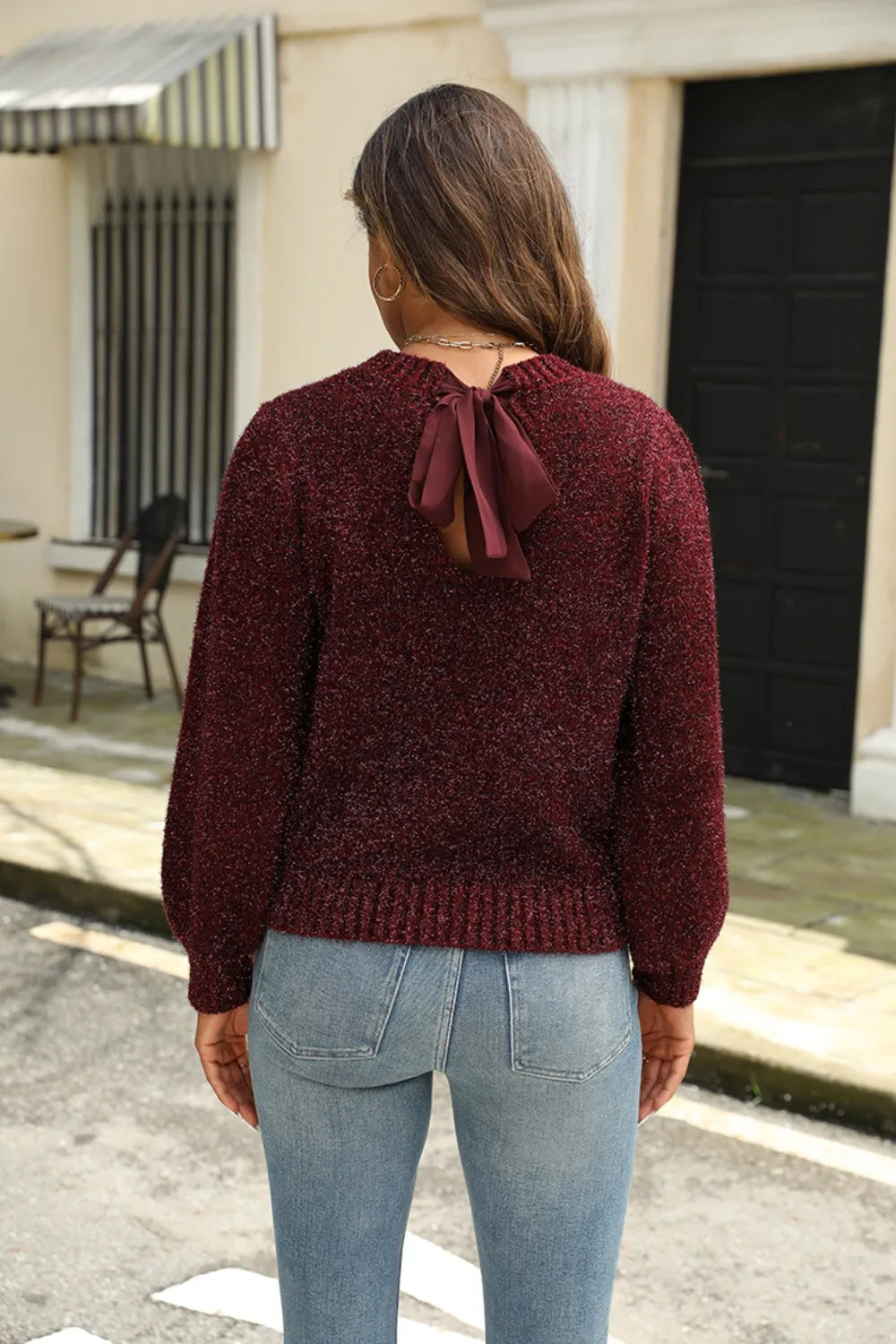Tied Heathered Round Neck Long Sleeve Sweater - adritiX