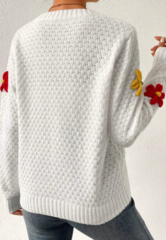 Elegant Crochet Flower Round Neck Long Sleeve Sweater - adritiX