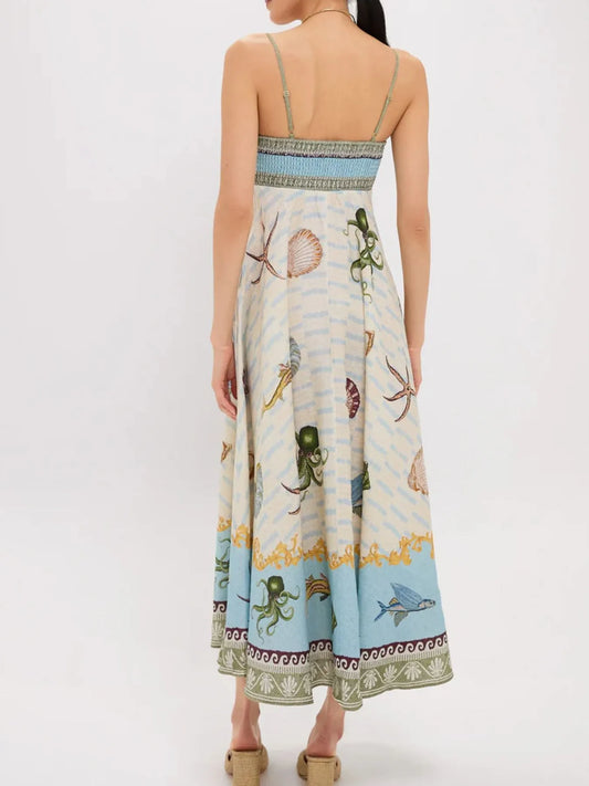 Elegant Ocean Print Spaghetti Strap Midi Dress - adritiX