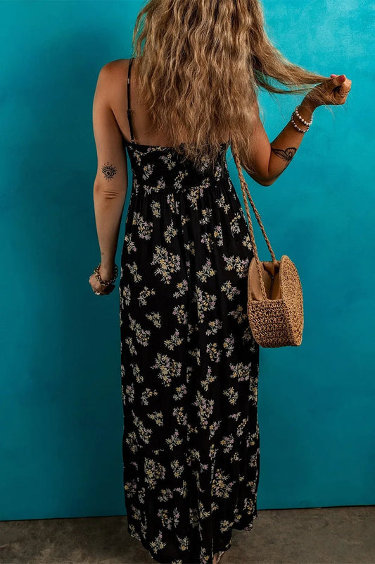 Floral Spaghetti Strap Shirred Bodice Tied Empire Waist Maxi Dress - adritiX