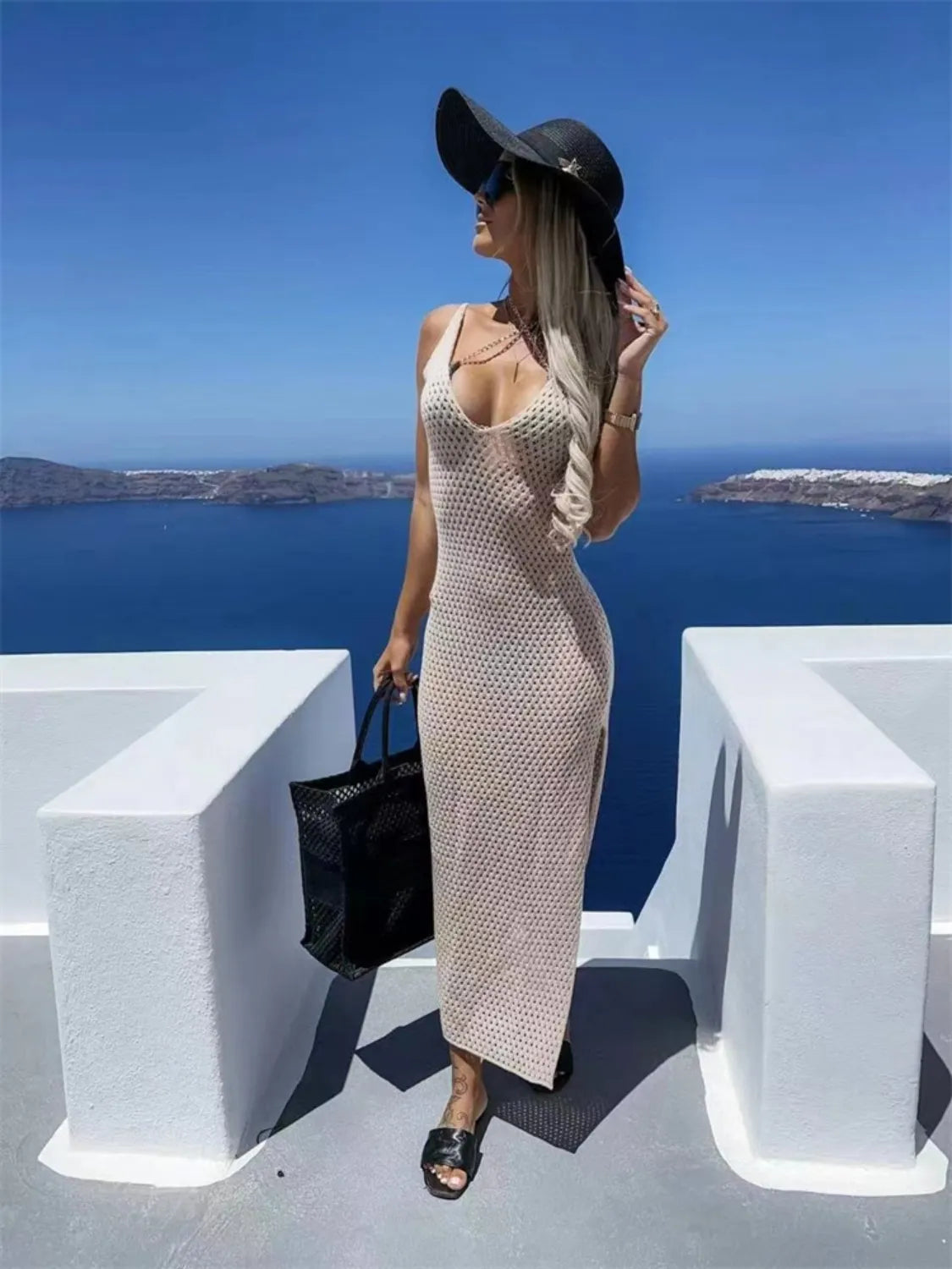 Elegant Openwork Slit Sweater Maxi Dress - adritiX