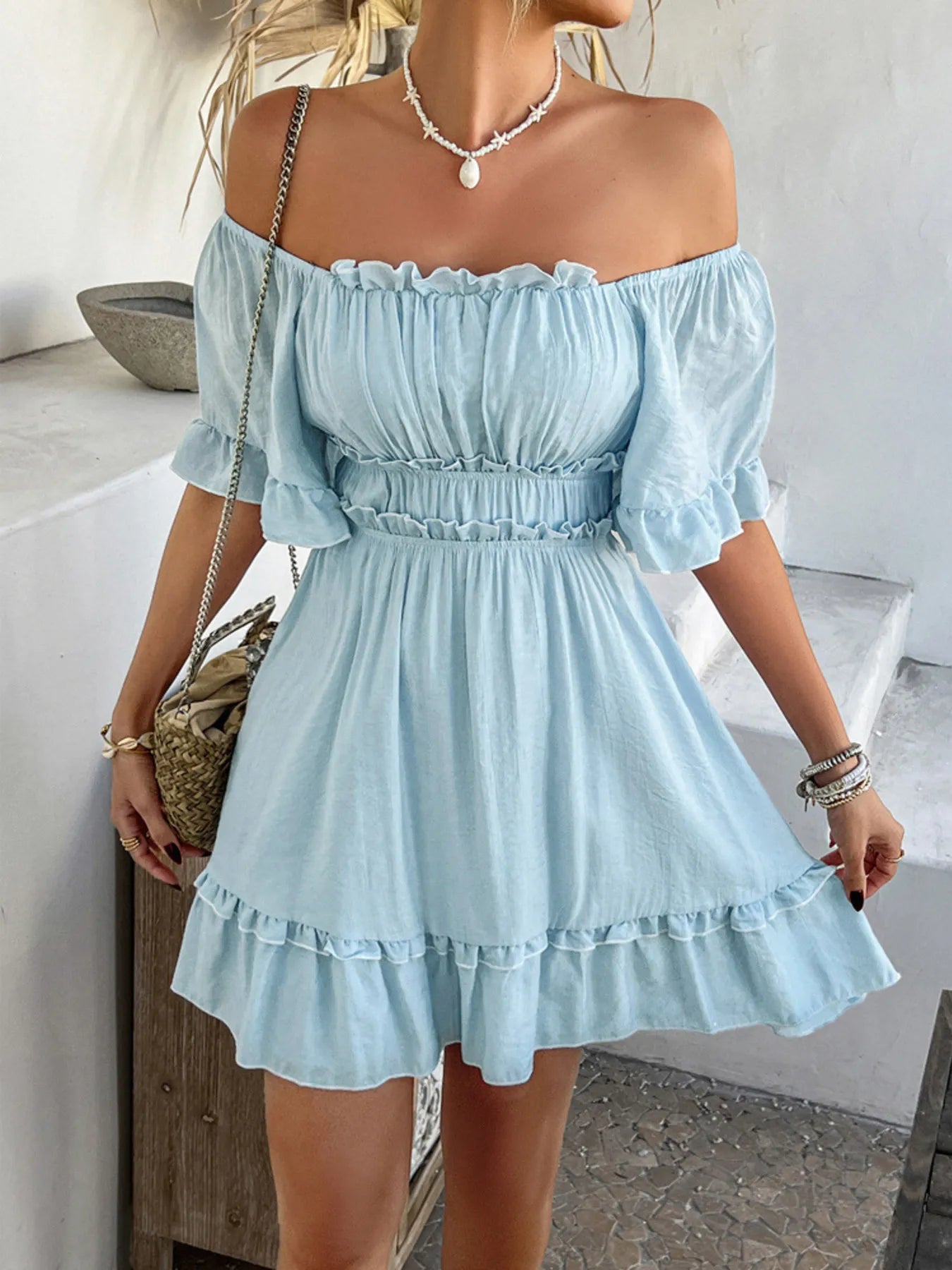 Square Neck Ruffle Trim Mini Dress - adritiX