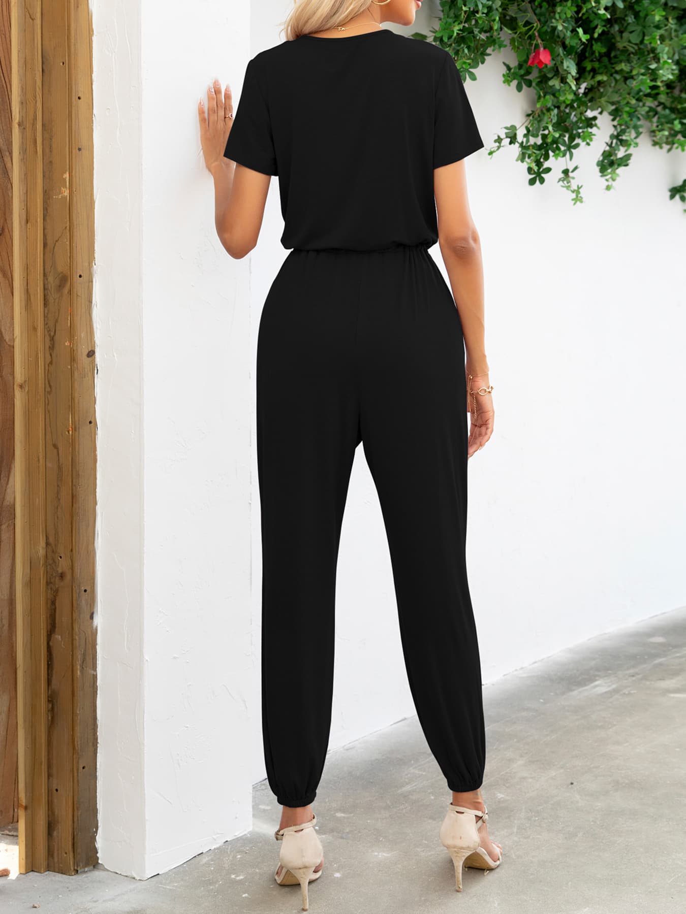 Elegant Short Sleeve V-Neck Jumpsuit with Pockets - adritiX