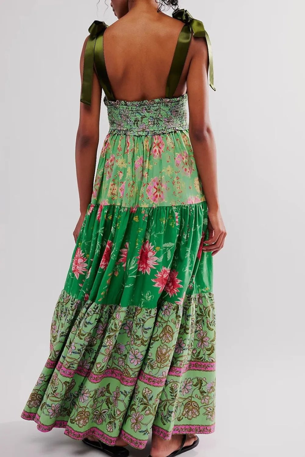 Floral Tiered Maxi Dress with Mixed Print Design - adritiX