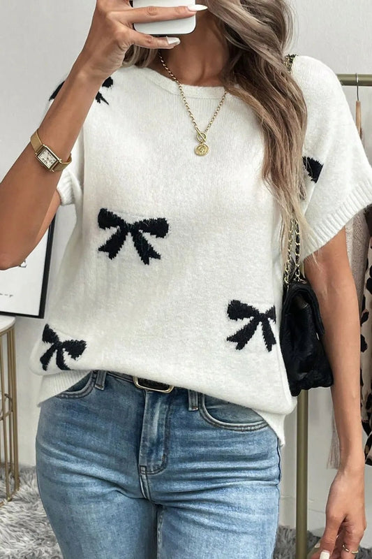 Elegant Bow Pattern Knit Short Sleeve Sweater - adritiX