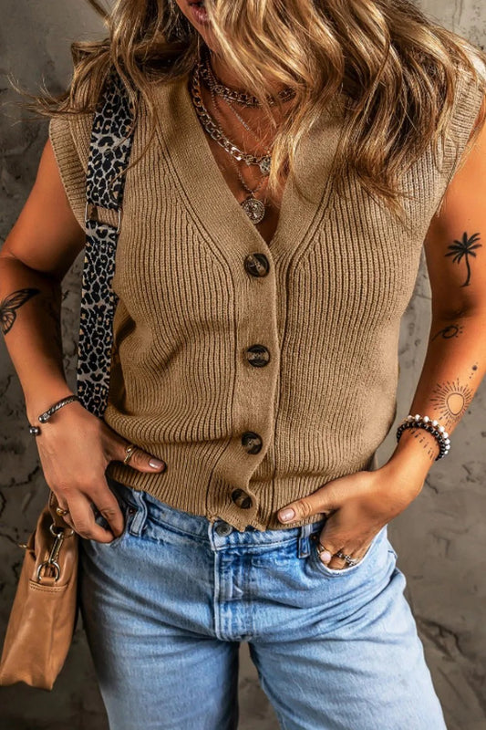 Elegant Button Up V - Neck Sweater Vest - adritiX