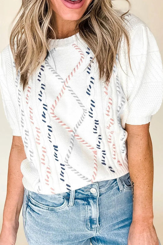 Elegant Cable Knit Round Neck Half Sleeve Sweater - adritiX