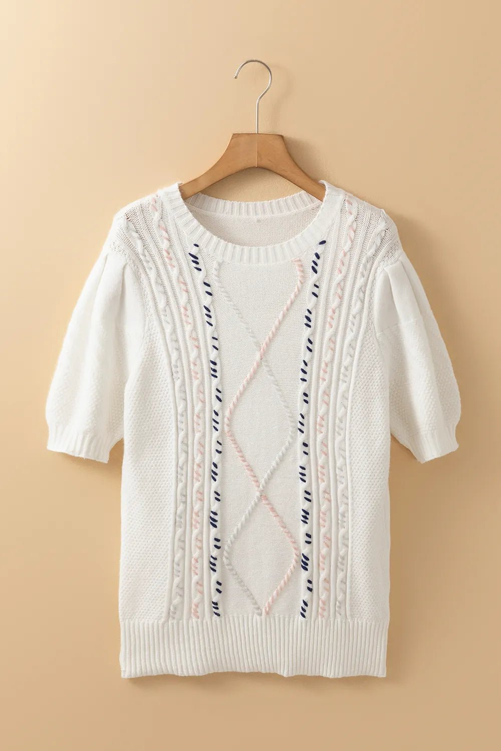 Elegant Cable Knit Round Neck Half Sleeve Sweater - adritiX