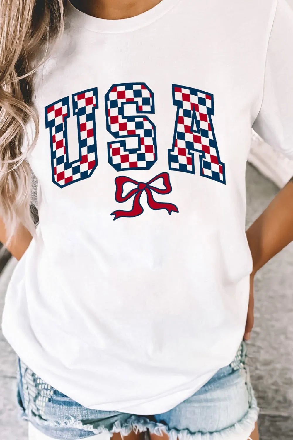Elegant Checkered USA Graphic Round Neck Tee - adritiX