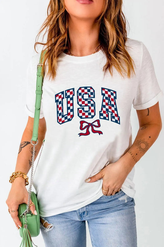 Elegant Checkered USA Graphic Round Neck Tee - adritiX