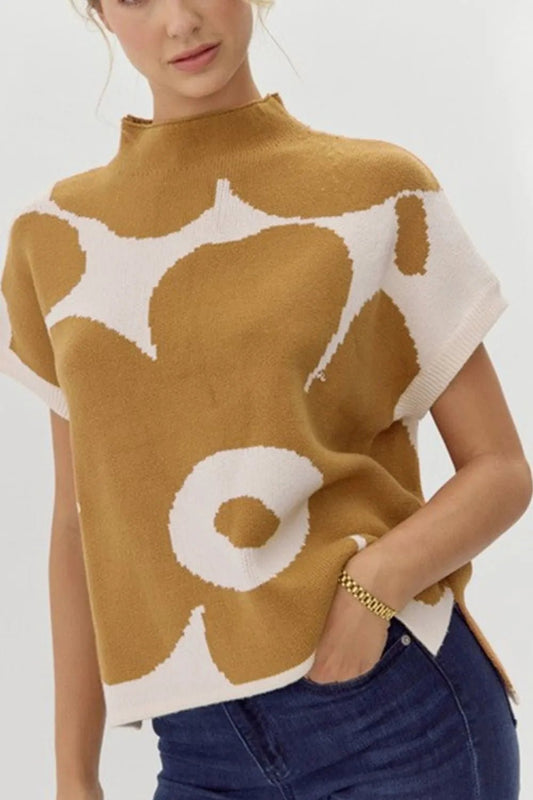 Elegant Contrast Flower Mock Neck Short Sleeve Sweater - adritiX