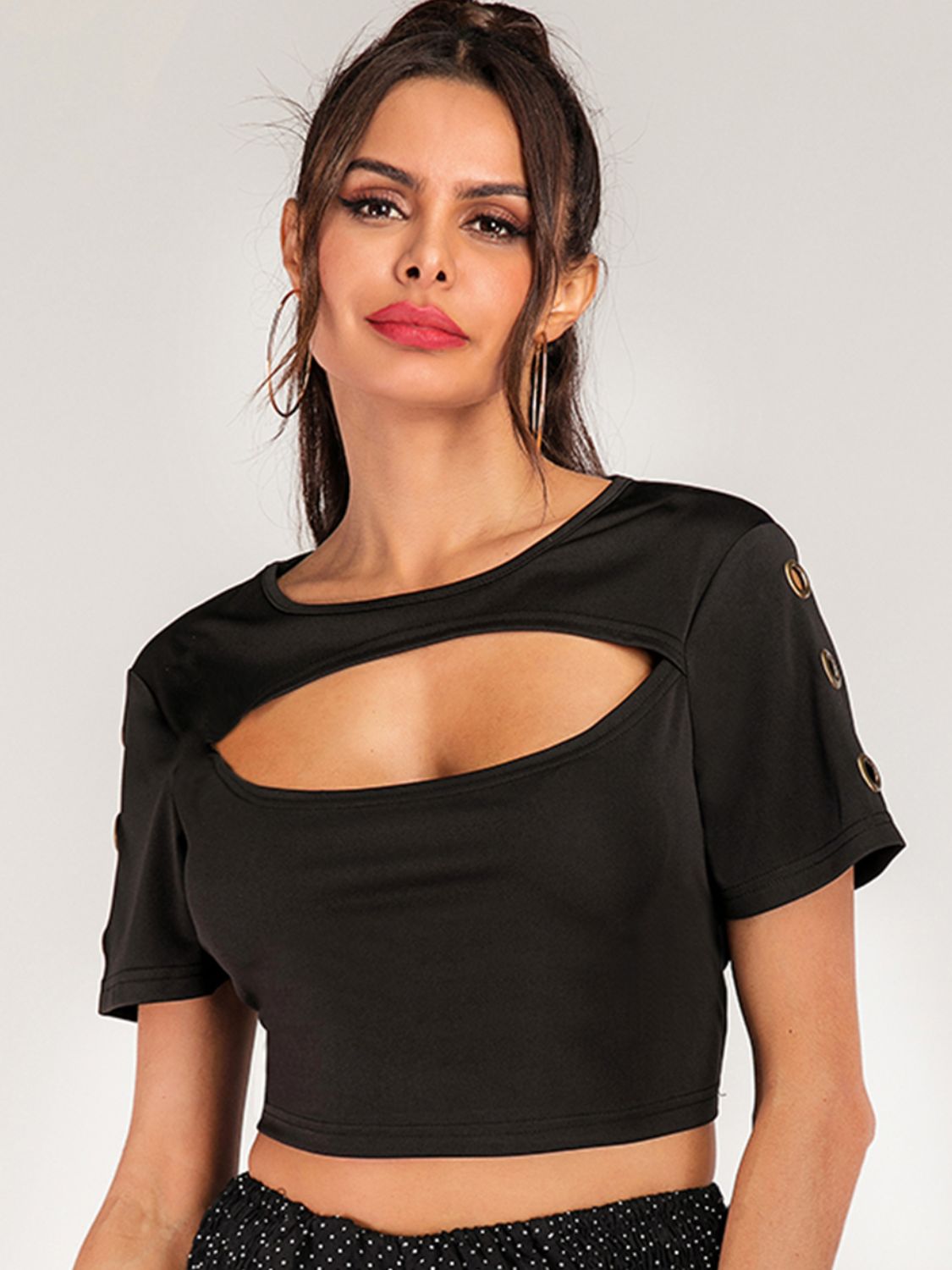 Elegant Cutout Grommet Detail Cropped Tee - adritiX