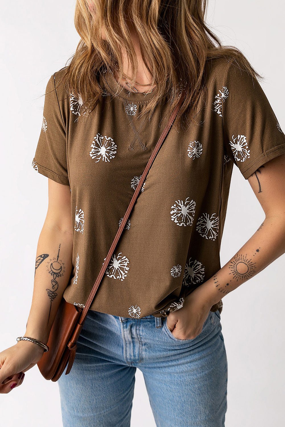 Elegant Dandelion Print Round Neck Tee - adritiX