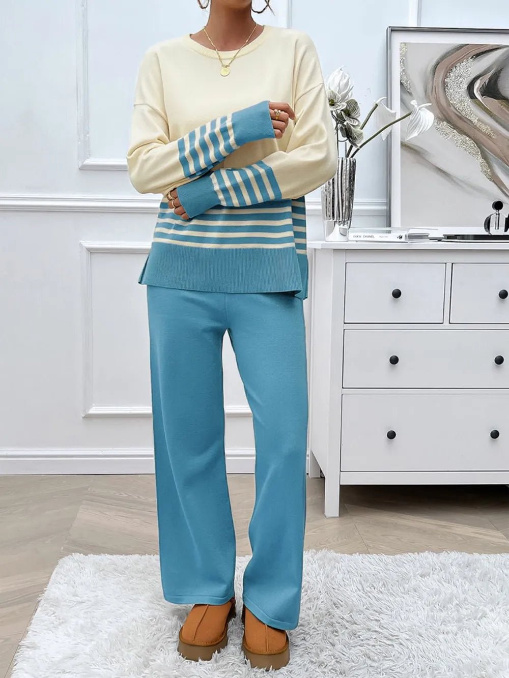 Elegant Devine Slit Striped Round Neck Top and Pants Sweater Set - adritiX
