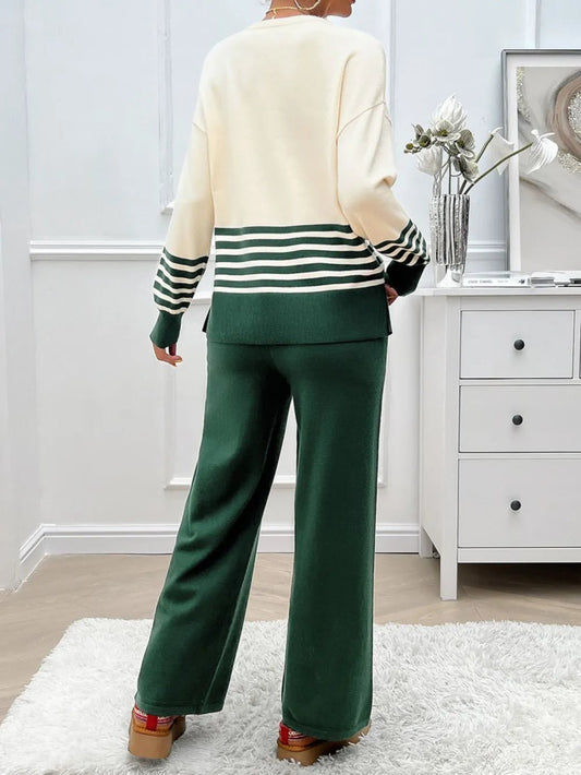 Elegant Devine Slit Striped Round Neck Top and Pants Sweater Set - adritiX