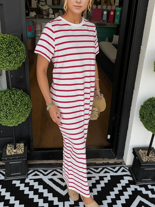 Elegant Full Size Striped T-Shirt Maxi Dress with Side Slit Plus Size - adritiX