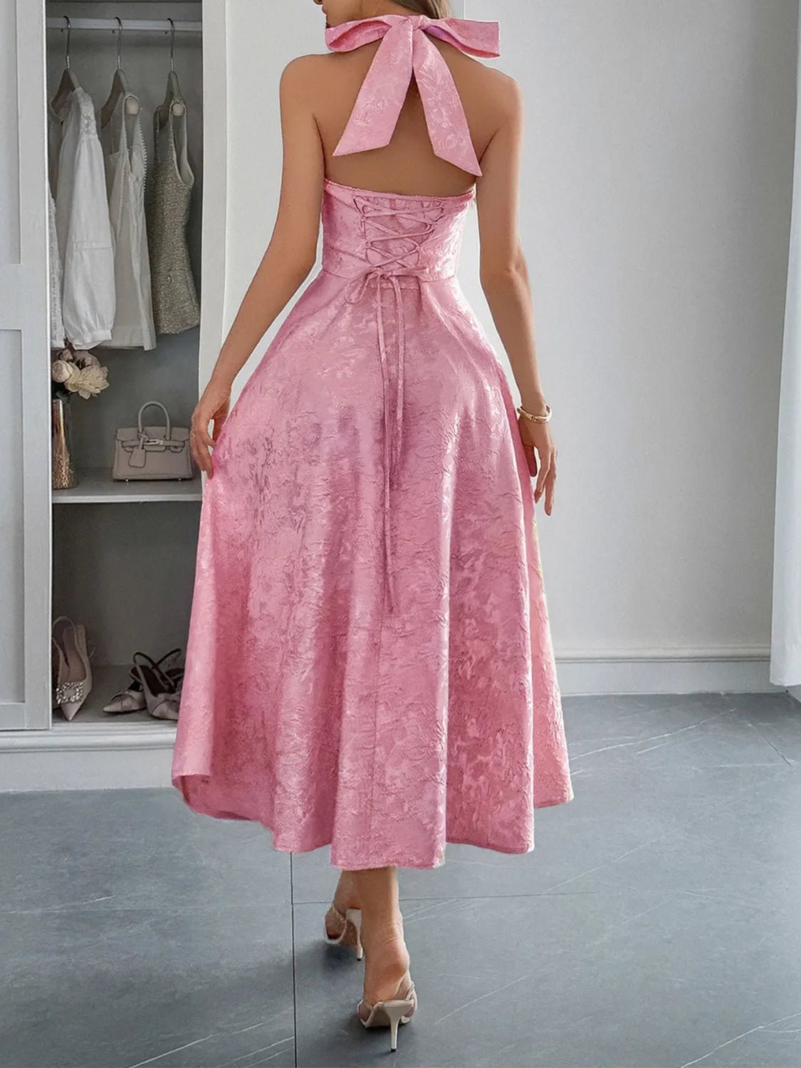 Elegant Halter Neck Midi Dress with Pockets - adritiX