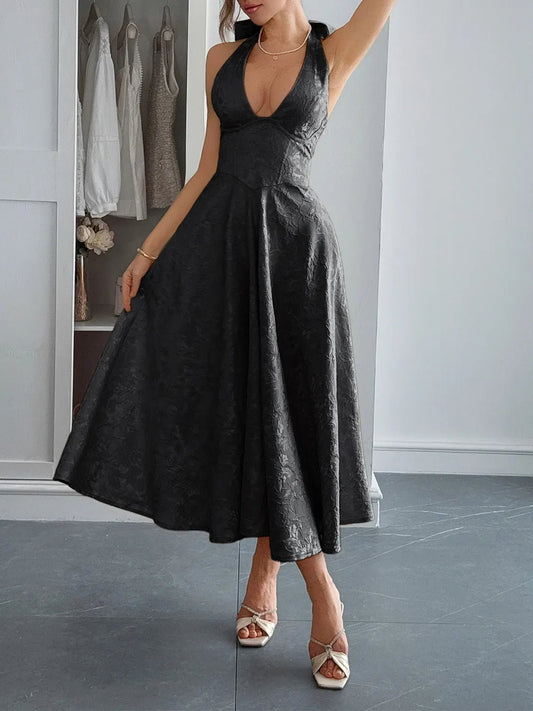 Elegant Halter Neck Midi Dress with Pockets - adritiX