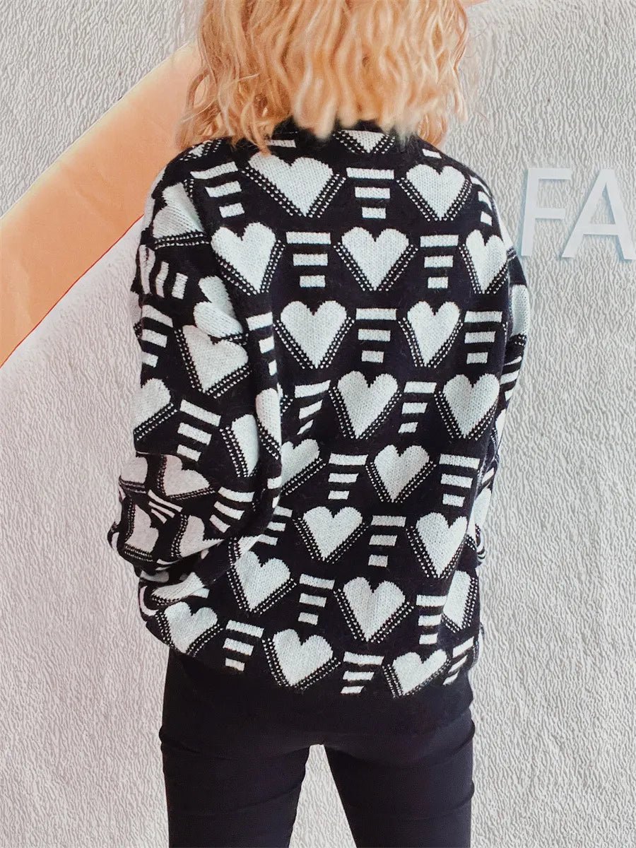 Elegant Heart Contrast Long Sleeve Dropped Shoulder Sweater - adritiX