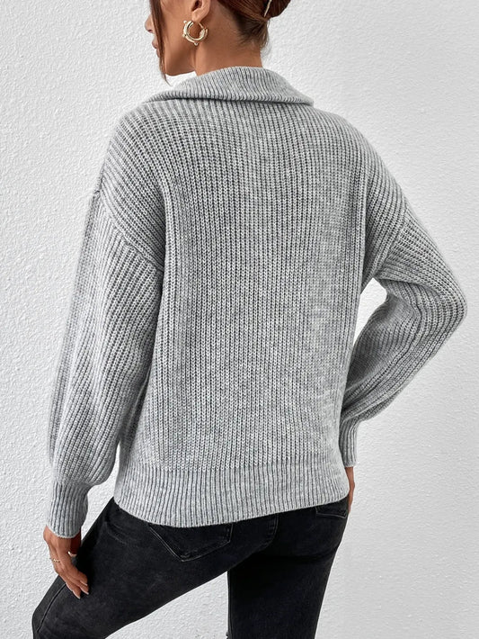 Elegant Honey Half Zip Dropped Shoulder Sweater - adritiX
